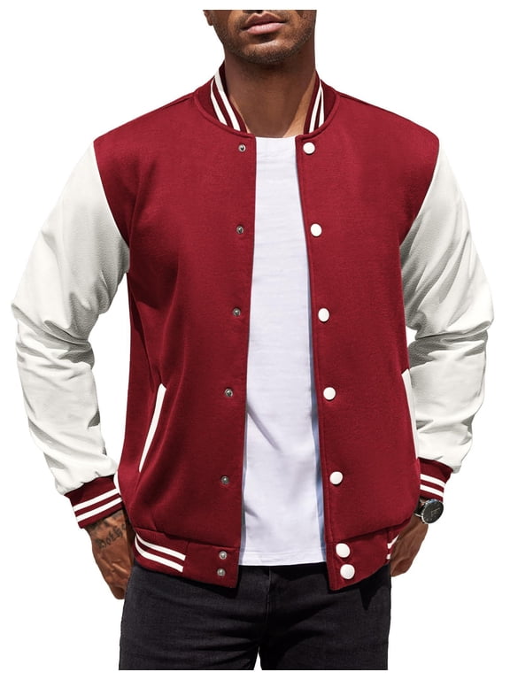 Mens Casual Varsity Jacket Football Bomber Jackets Leather Sleeve Letterman Jackets Coats