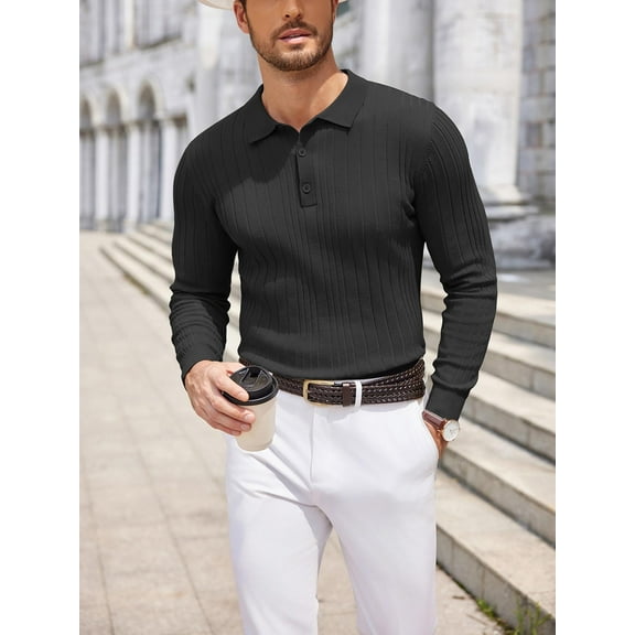 COOFANDY Men's Knit Polo Shirts Long Sleeve Casual Button Down Ribbed Polo Shirt Fashion Golf Shirts