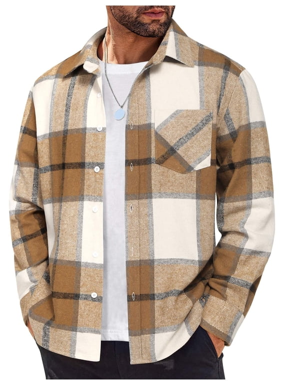 Mens Long Sleeve Flannel Shirt Cotton Collared Button Up Shirts Casual Plaid Shirt