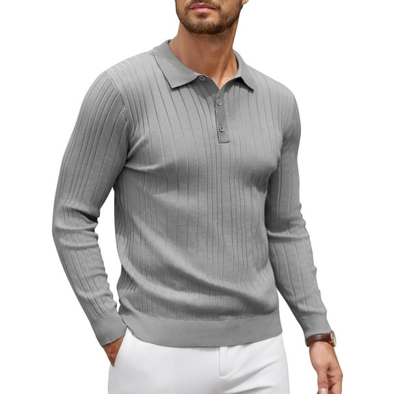 COOFANDY Men's Knit Polo Shirts Long Sleeve Casual Button Down Ribbed Polo Shirt Fashion Golf Shirts