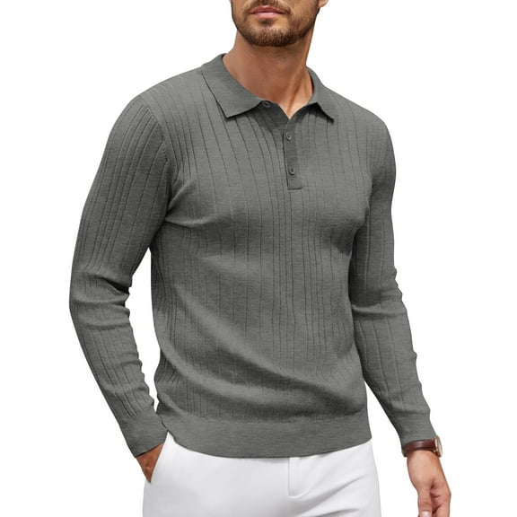 COOFANDY Men's Knit Polo Shirts Long Sleeve Casual Button Down Ribbed Polo Shirt Fashion Golf Shirts