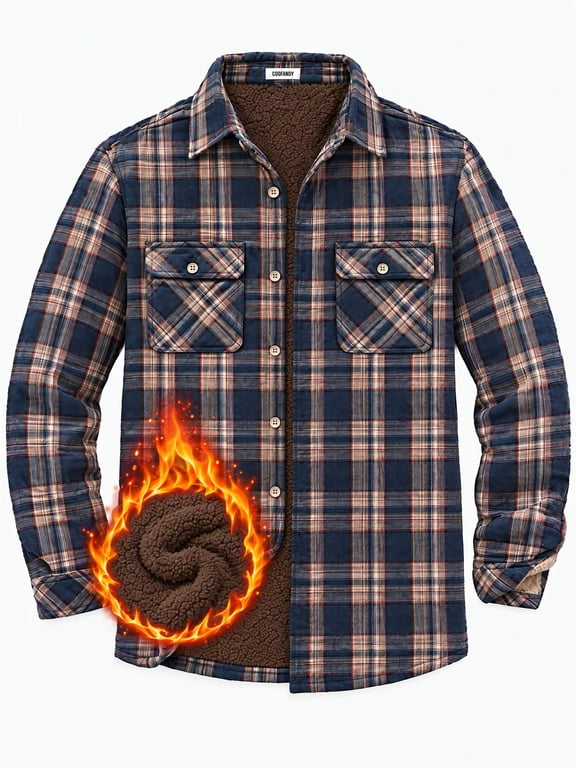 Mens Flannel Shirts Long Sleeve, Warm Sherpa Lined Flannel Shirt Jacket Coat Button Down Fleece Plaid Shirts with Flap Pockets