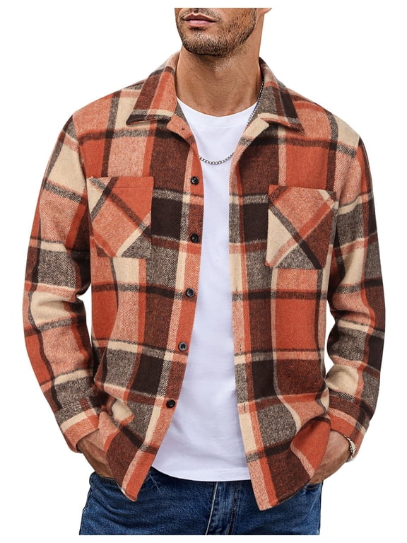 Mens Flannels Long Sleeve Fall Shacket Lightweight Plaid Shirt
