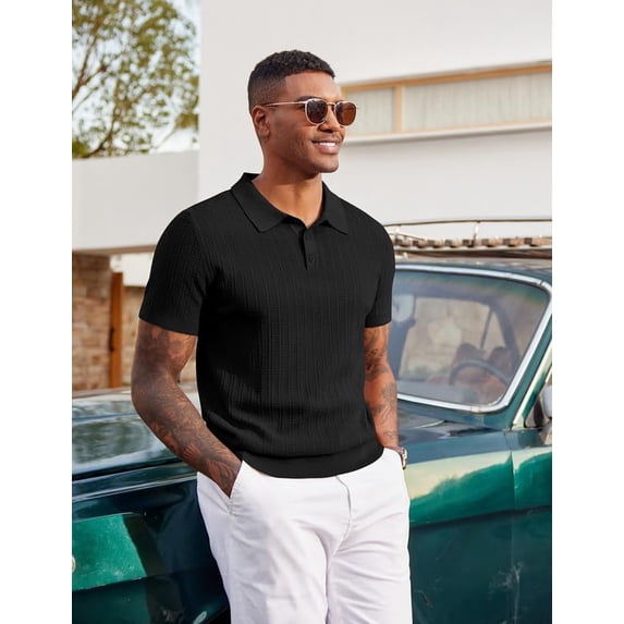 COOFANDY Mens Golf Polo Shirts Short Sleeve Textured Polo Shirts Slim Fit Button Polo T-Shirt Classic Summer Collared Golf Shirt
