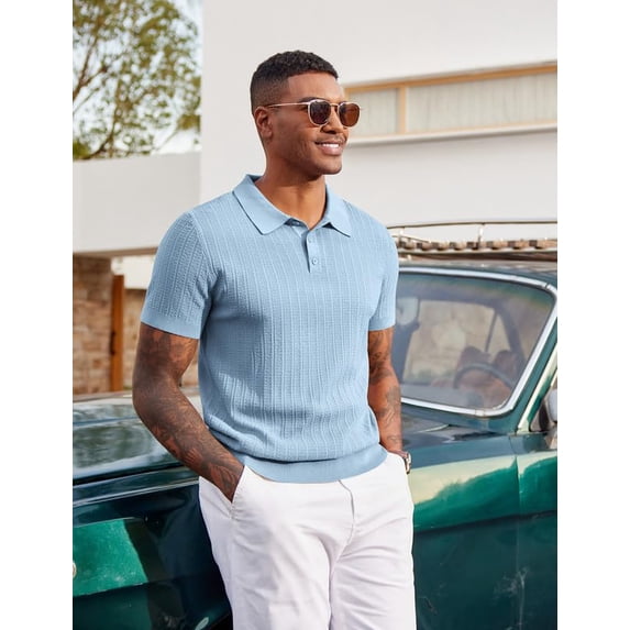 COOFANDY Mens Golf Polo Shirts Short Sleeve Textured Polo Shirts Slim Fit Button Polo T-Shirt Classic Summer Collared Golf Shirt