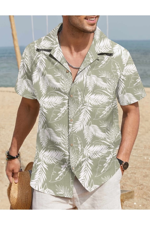 Mens Hawaiian Shirt Short Sleeve Buttoon Down Shirts Casual Tropical Floral Summer Linen Shirts A-green- Palm Leaf XXXXL