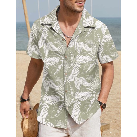 COOFANDY Mens Hawaiian Shirt Short Sleeve Buttoon Down Shirts Casual Tropical Floral Summer Linen Shirts A-green- Palm Leaf XXXXL