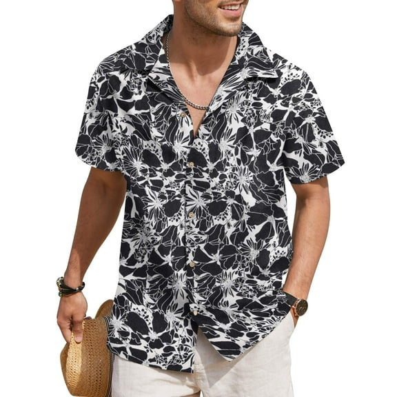 COOFANDY Mens Hawaiian Shirt Short Sleeve Buttoon Down Shirts Casual Tropical Floral Summer Linen Shirts Black Floral L
