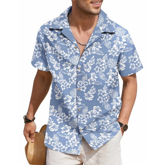 COOFANDY Mens Hawaiian Shirt Short Sleeve Buttoon Down Shirts Casual Tropical Floral Summer Linen Shirts Blue Floral M