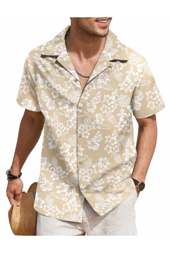 Mens Hawaiian Shirt Short Sleeve Buttoon Down Shirts Casual Tropical Floral Summer Linen Shirts Khaki Floral XL