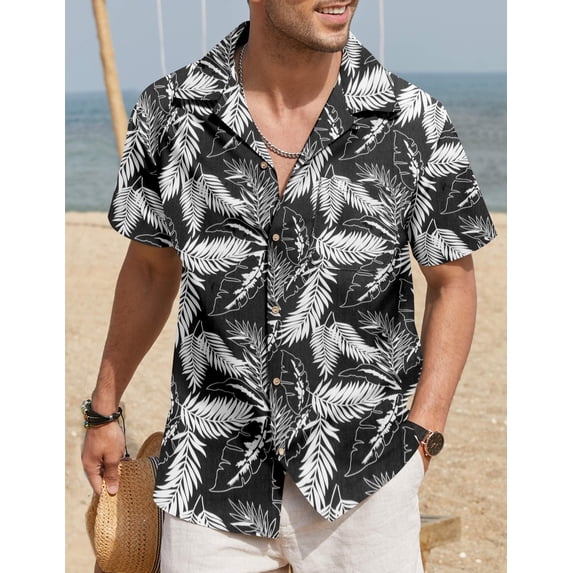COOFANDY Mens Hawaiian Shirt Short Sleeve Buttoon Down Shirts Casual Tropical Floral Summer Linen Shirts Palm Leaf-black M