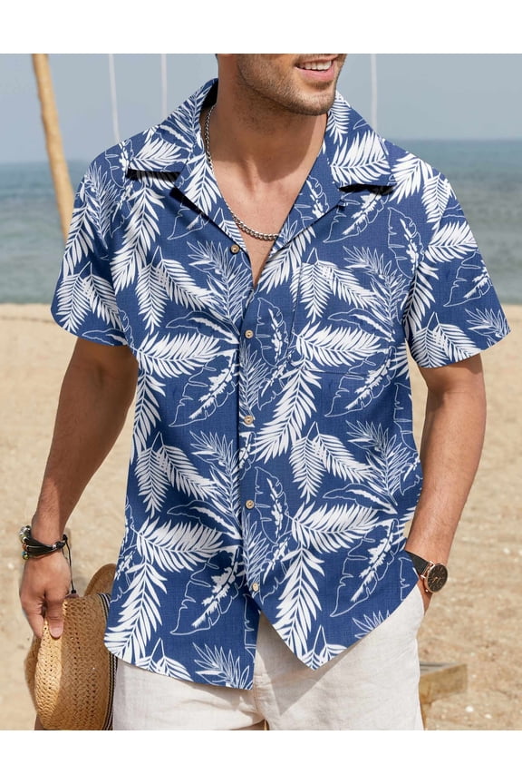 Mens Hawaiian Shirt Short Sleeve Buttoon Down Shirts Casual Tropical Floral Summer Linen Shirts Palm Leaf-blue L
