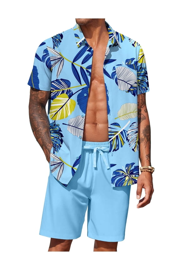Men's Hawaiian 2 Piece Outfits Summer Beach Matching Set Short Sleeve Floral Shirts and Shorts