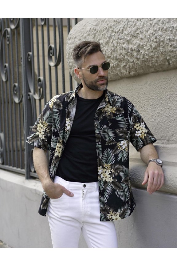 Mens Casual Button Down Shirt Short Sleeve Hawaiian Tropical Floral Shirt