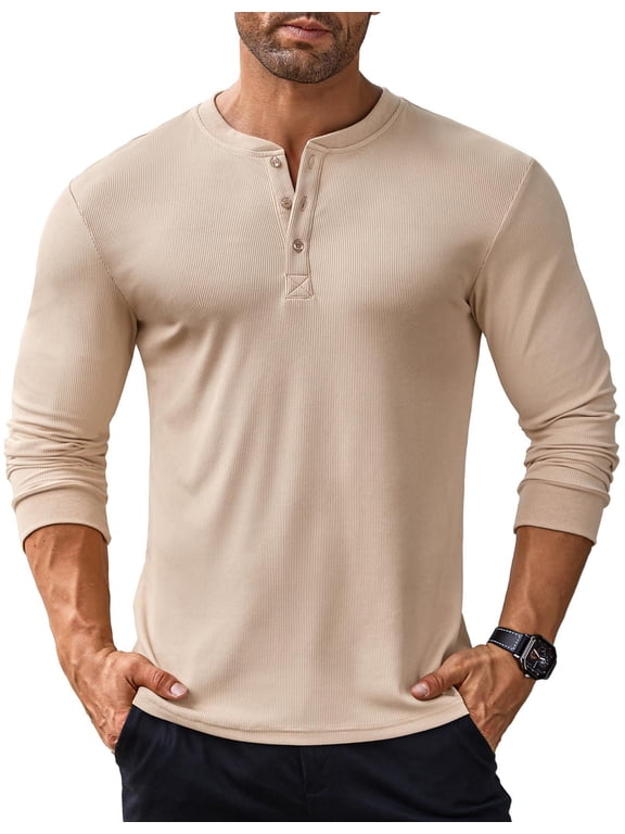 Mens Henley Casual Stylish Long Sleeve Shirts Lightweight Button T-Shirts