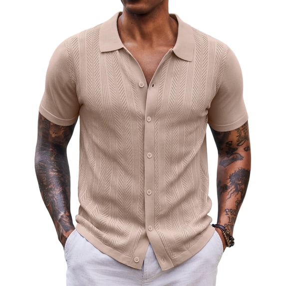 COOFANDY Mens Knit Button Down Shirt Short Sleeve Casual Polo Shirts Vintage Summer Beach Shirts Coffee