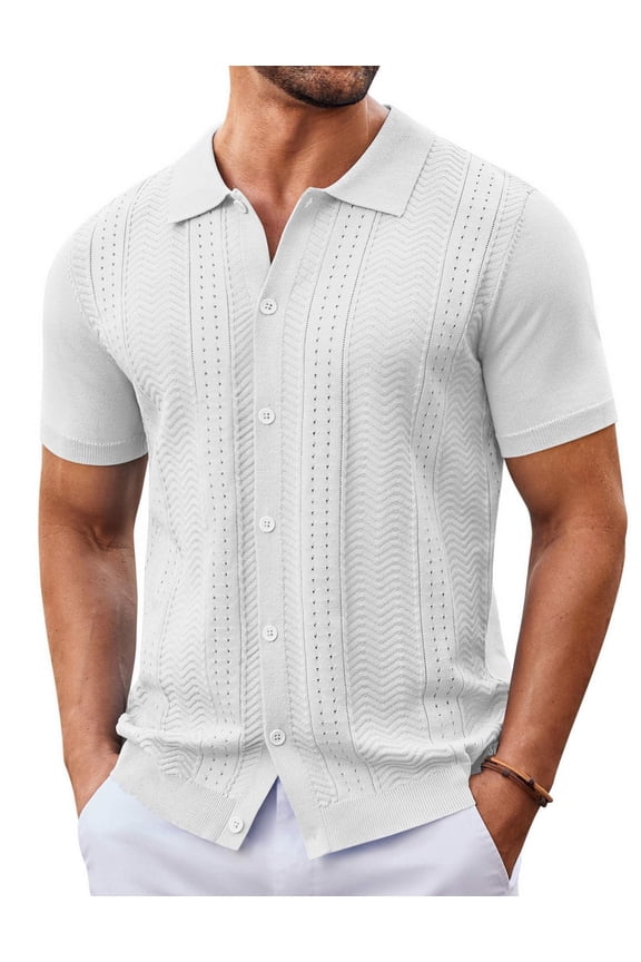 Mens Vacation Shirts - Collared Short Sleeve Knit Casual Button Down Shirts -