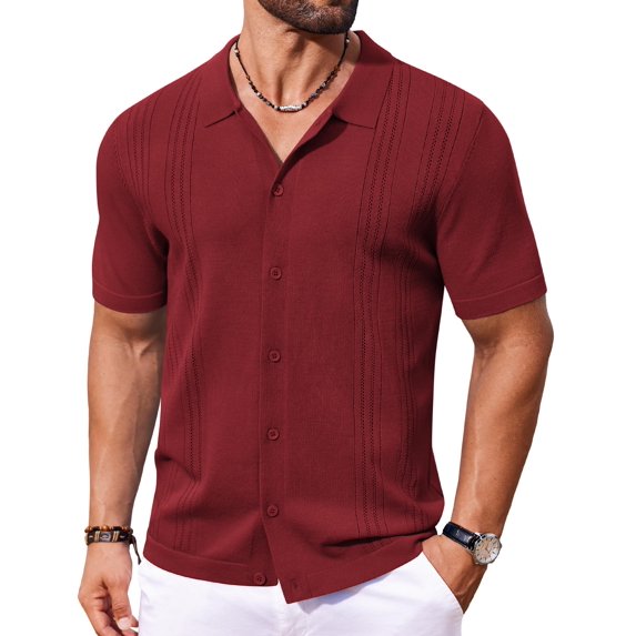 COOFANDY Mens Knit Button Down Shirt Vintage Short Sleeve Polo Shirts Casual Beach Tops Fashion Hawaiian Shirt