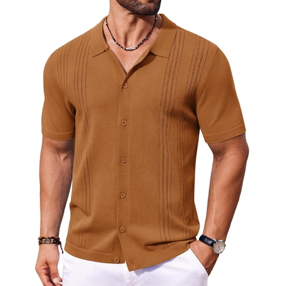 COOFANDY Mens Knit Button Down Shirt Vintage Short Sleeve Polo Shirts Casual Beach Tops Fashion Hawaiian Shirt
