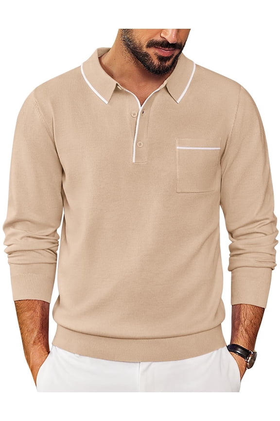 Knit Polo for Men Long Sleeve Collared Sweater Polo Business Casual Polos with Pocket