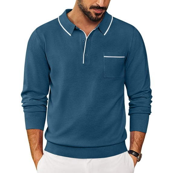 COOFANDY Knit Polo for Men Long Sleeve Collared Sweater Polo Business Casual Polos with Pocket