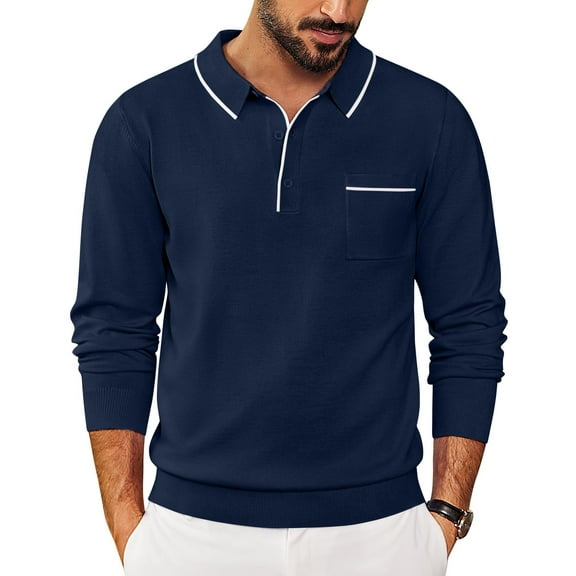 COOFANDY Knit Polo for Men Long Sleeve Collared Sweater Polo Business Casual Polos with Pocket