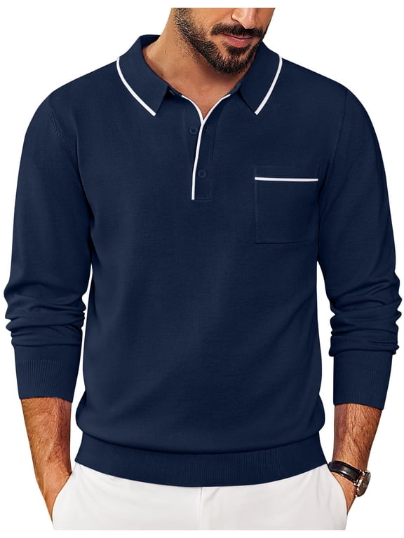 Knit Polo for Men Long Sleeve Collared Sweater Polo Business Casual Polos with Pocket
