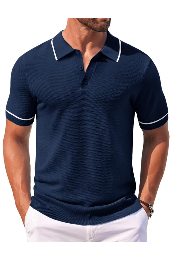 Mens Knit Polo Shirt Crochet Short Sleeve Quarter Button Shirts Vintage Waffle Classic Golf Shirts