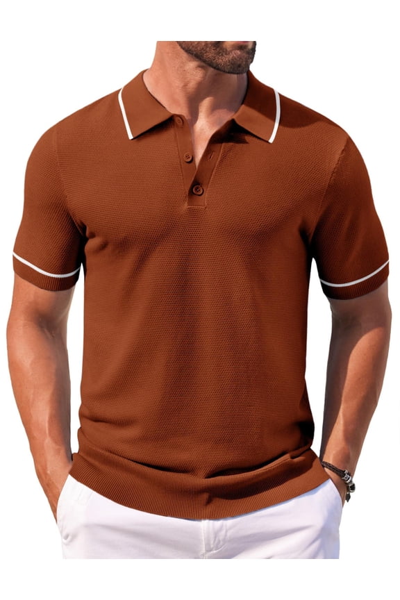 Men Knitting Polo Shirts Crochet Short Sleeve Polo Sweater Waffle Textured Collared Summer Shirts