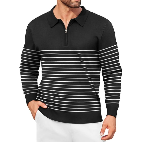 Mens Knit Polo Shirt Quarter Zip Slim Fit Pullover Long Sleeve Sweater Polos Casual Polos Shirts Black