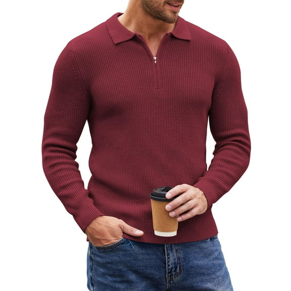 COOFANDY Men's Quarter Zip Polo Sweater Business Casual Slim Fit Sweater Chrismas