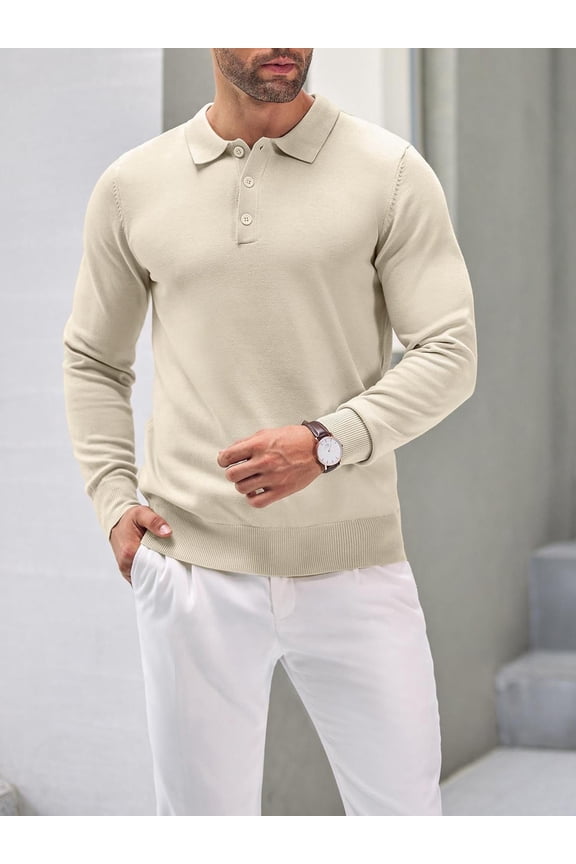 Mens Knit Polo Shirts Casual Long Sleeve Classic Polo Shirts Button Down Golf Shirts