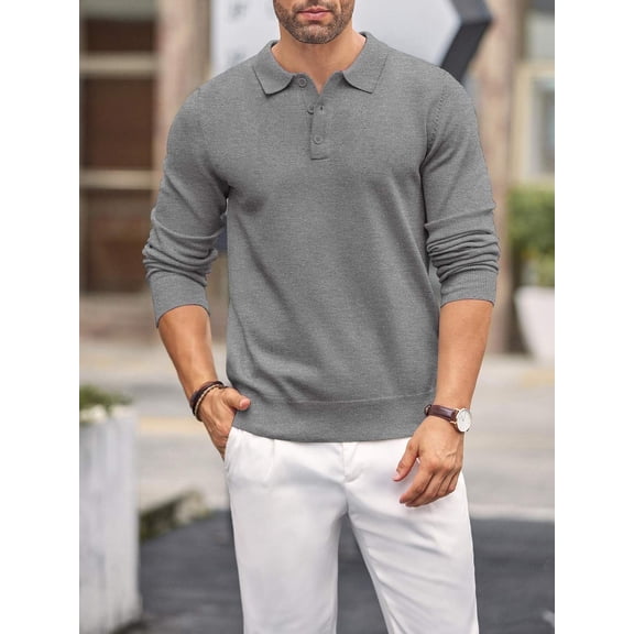 COOFANDY Mens Knit Polo Shirts Casual Long Sleeve Classic Polo Shirts Button Down Golf Shirts