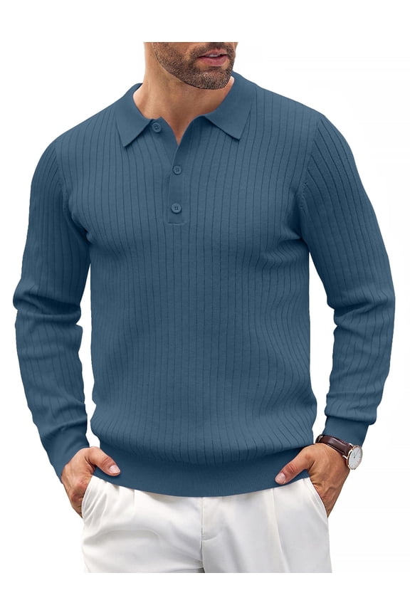 Men's Polo Shirt Slim Fit Long Sleeve Button Down Collar Soft Touch Knit Fabric