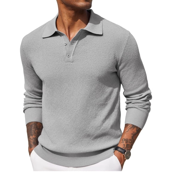 COOFANDY Mens Knit Polo Shirts Long Sleeve Casual Polo Sweaters Shirt Waffle Textured Collared Sweater