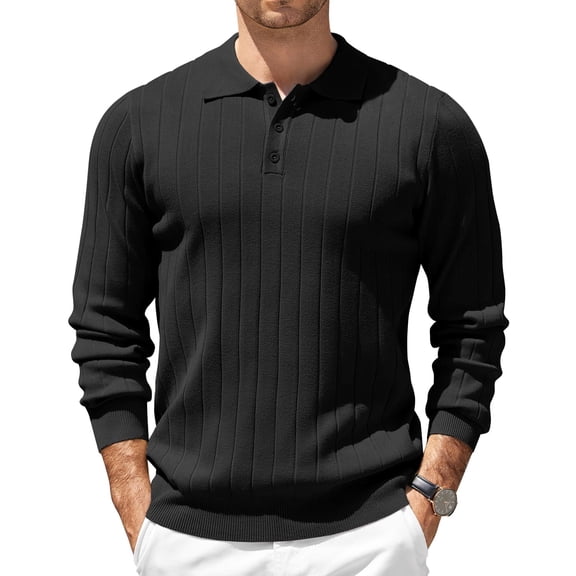 COOFANDY Mens Polo Shirt Classic Quarter Button Sweaters Slim Fit Long Sleeve Knitted Golf Shirts