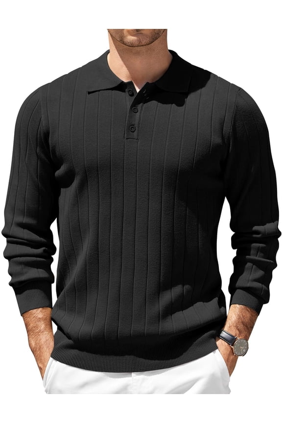 Mens Long Sleeve Polo Shirts Collared Knit Dress Sweater Lightweight Casual Henley Shirt
