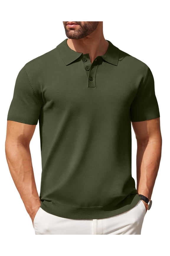 Mens Knit Polo Shirts Casual Short Sleeve Classic Polo Top Shirts Button Down Business Shirts