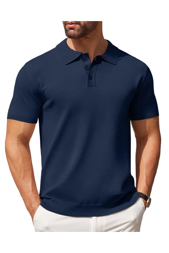 Mens Knit Polo Shirts Casual Short Sleeve Classic Polo Top Shirts Button Down Business Shirts