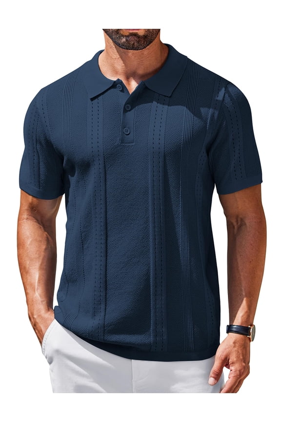 Mens Knit Polo Shirts Short Sleeve Textured Button Down Polo Shirt Cuban Guayabera Summer Beach Shirts