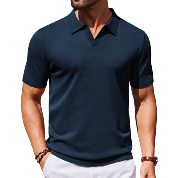 COOFANDY Mens Polo Shirts Stretch Causal V Neck Vintage Knit Shirt Short Sleeve Old Money Clothes