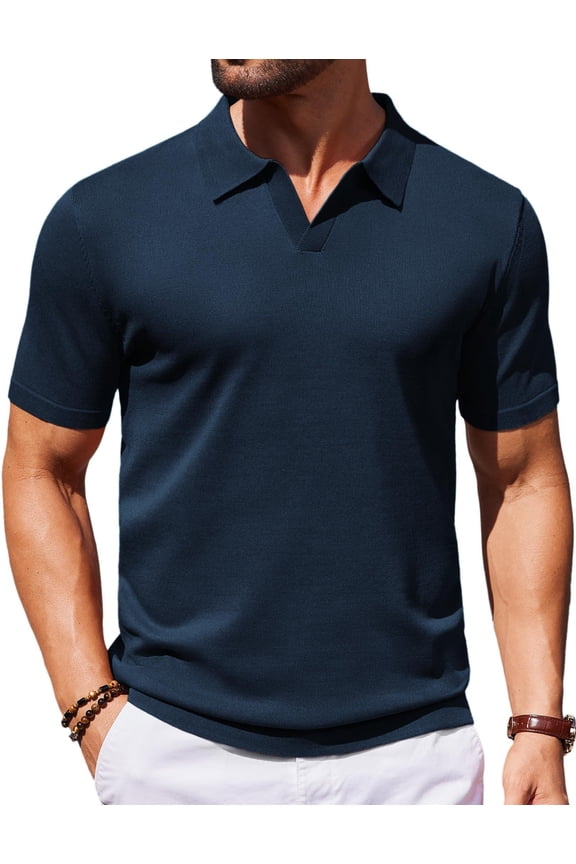 Mens Knit Polo Shirts V Neck Short Sleeve Stretch Polo T Shirt Casual Golf Shirts