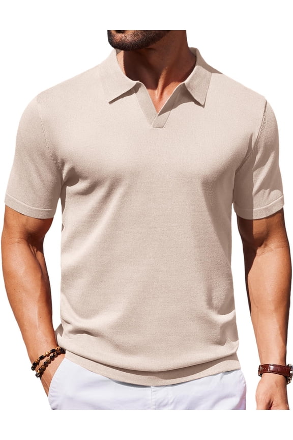 Mens Polo Shirts Stretch Causal V Neck Vintage Knit Shirt Short Sleeve Old Money Clothes