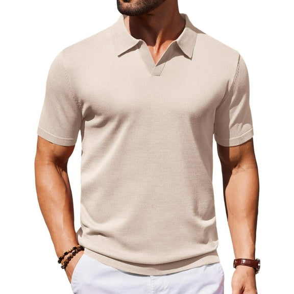 COOFANDY Mens Polo Shirts Stretch Causal V Neck Vintage Knit Shirt Short Sleeve Old Money Clothes