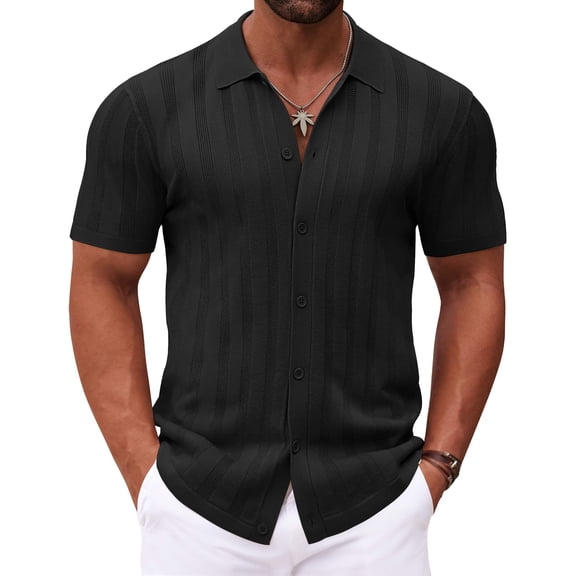 COOFANDY Mens Knit Polo Short Sleeve Knitted Button Down Polo Shirt Retro Guayabera Shirts Casual Beach Resort Wear Shirts Black