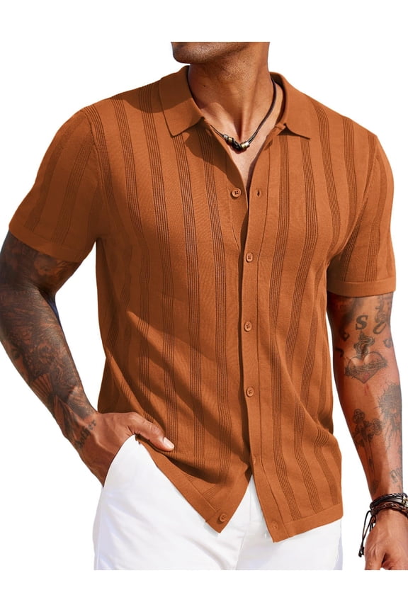 Mens Knit Polo Short Sleeve Knitted Button Down Polo Shirt Retro Guayabera Shirts Casual Beach Resort Wear Shirts