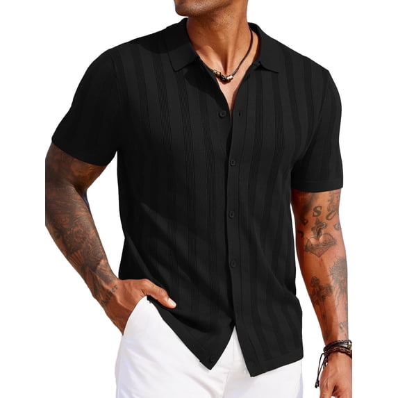 COOFANDY Mens Knit Polo Short Sleeve Knitted Button Down Polo Shirt Retro Guayabera Shirts Casual Beach Resort Wear Shirts
