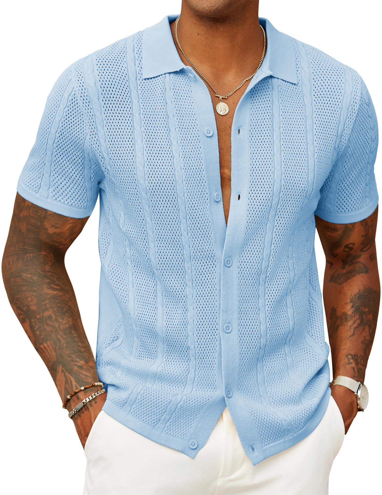 COOFANDY Mens Summer Beach Shirt Knit Crochet Button Down Shirts