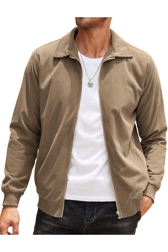Men's Casual Corduroy Jacket Collared Zipper Jacket Vintage Retro Long Sleeve Jacket
