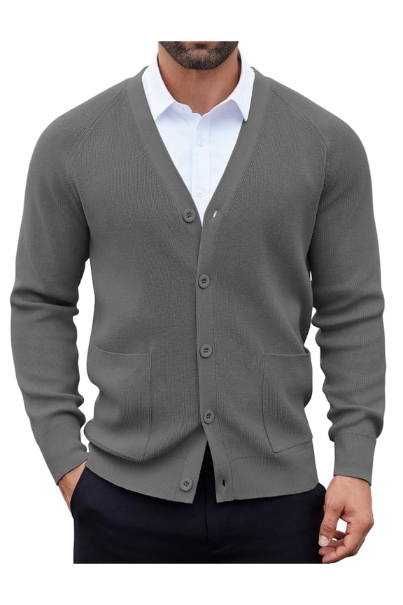 Men's Cardigan Sweater Button Up V Neck Long Sleeve Slim Fit Knitted Dress Business Sweaters with Pockets